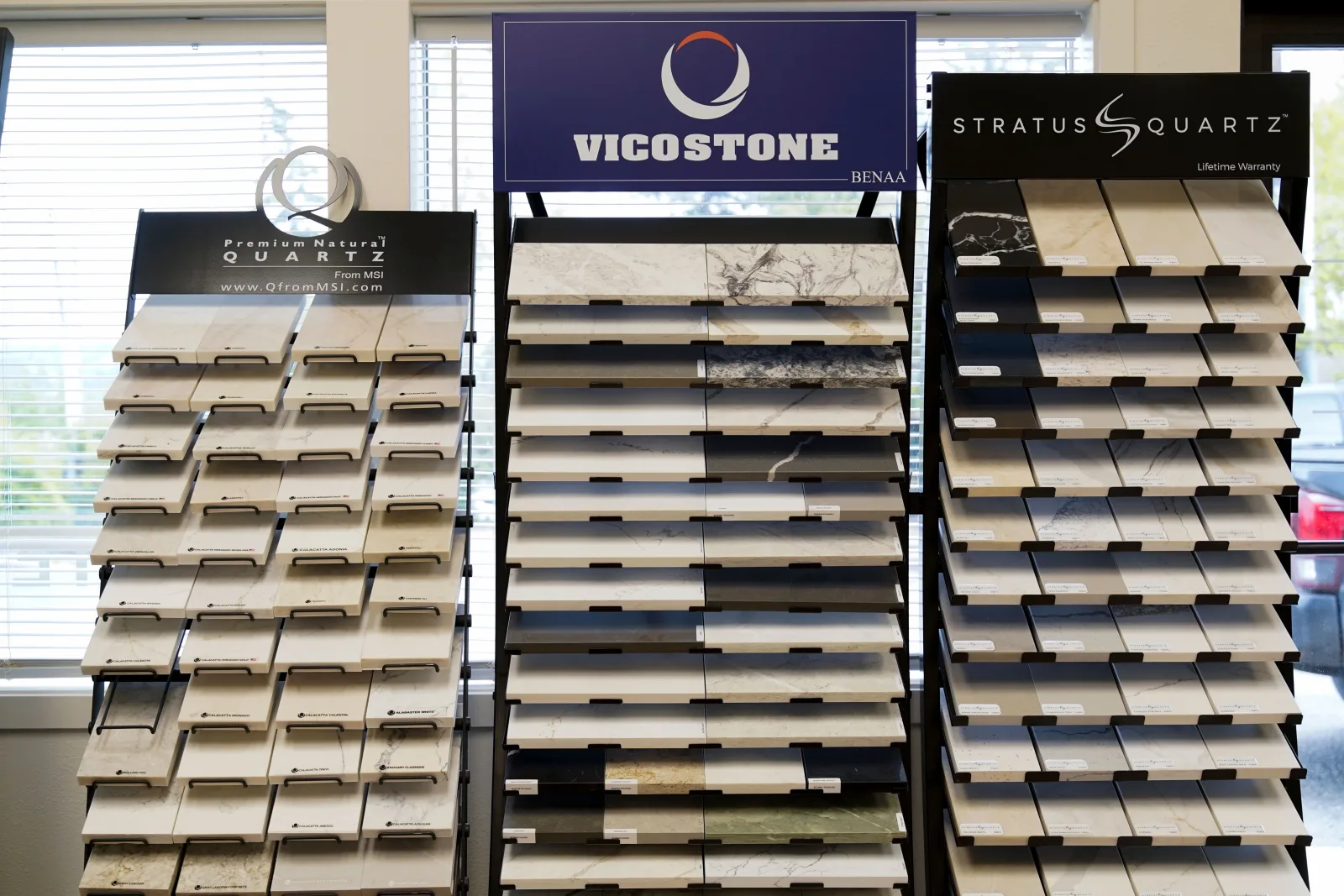 Quartz countertop samples at the Living By Design showroom in Bellingham, WA